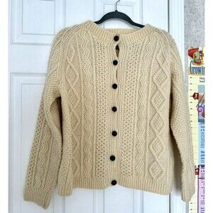 Vintage Purple Heather Hand knitted Women’s Cardigan Ivory Pure Wool Large 44